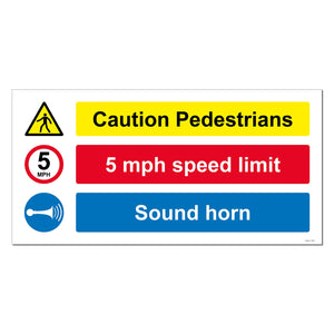 Caution Pedestrians, Sound Horn, 5mph Safety Sign