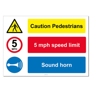 Caution Pedestrians, Sound Horn, 5mph Safety Sign