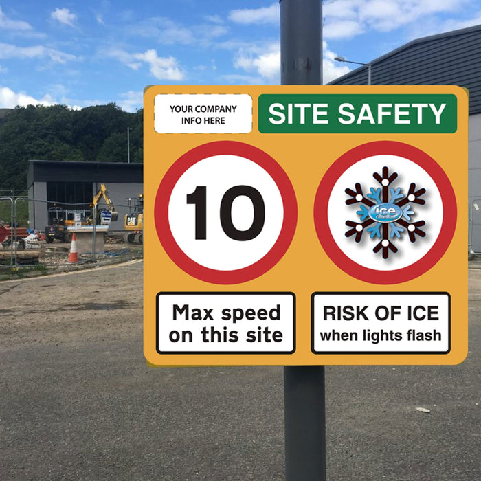 10 MPH Ice Warning Flashing LED Safety Sign (Yellow HS2)  - add your logo